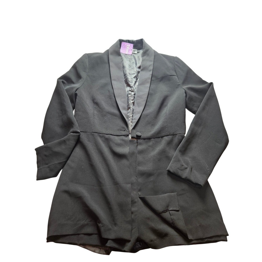 Blue Blush Black Tuxedo Romper Long Sleeve Blazer Jumpsuit Satin Lapel Large